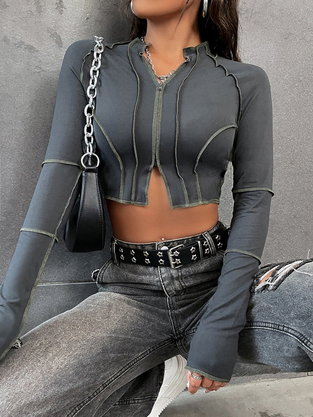 SHEIN Unity Top-Stitching Raglan Sleeve Zipper Crop Tee Fall Cloth for Women