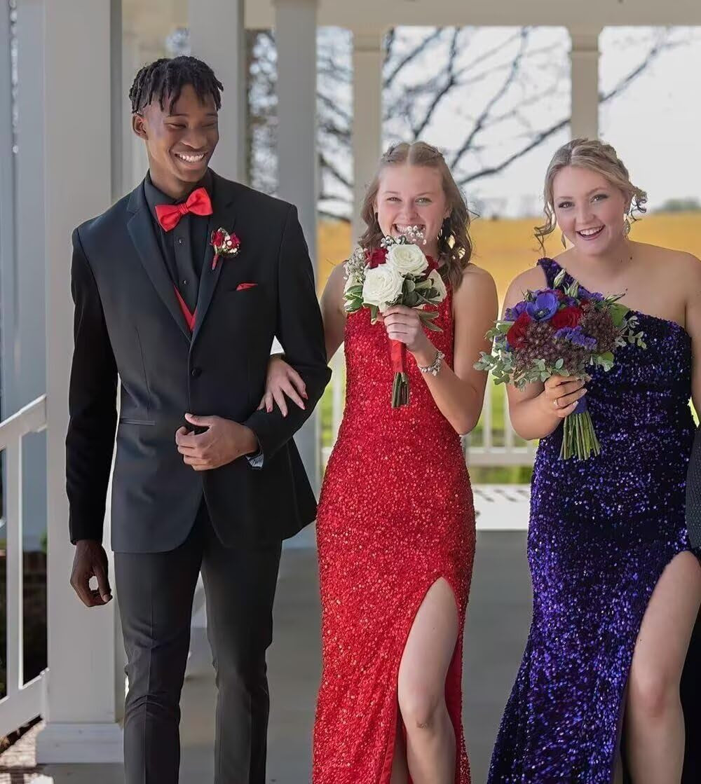 Sequin Prom Dresses Long Mermaid One Shoulder Formal Gowns Backless Evening Party Gowns with Slit