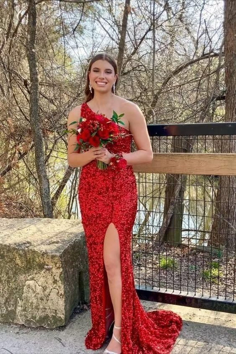 Sequin Prom Dresses Long Mermaid One Shoulder Formal Gowns Backless Evening Party Gowns with Slit